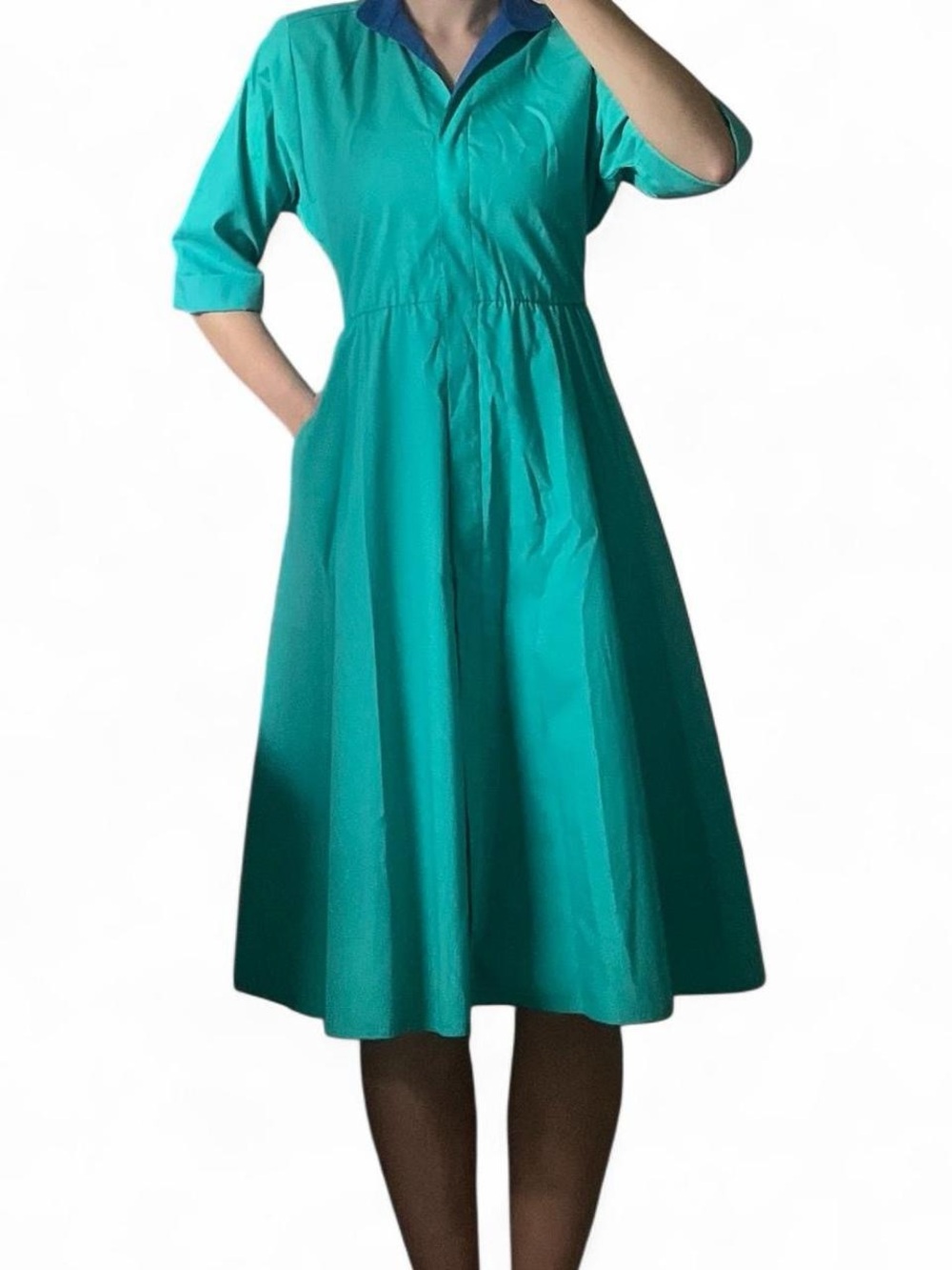 Teal Fit-and-Flare Shirt Collar Dress